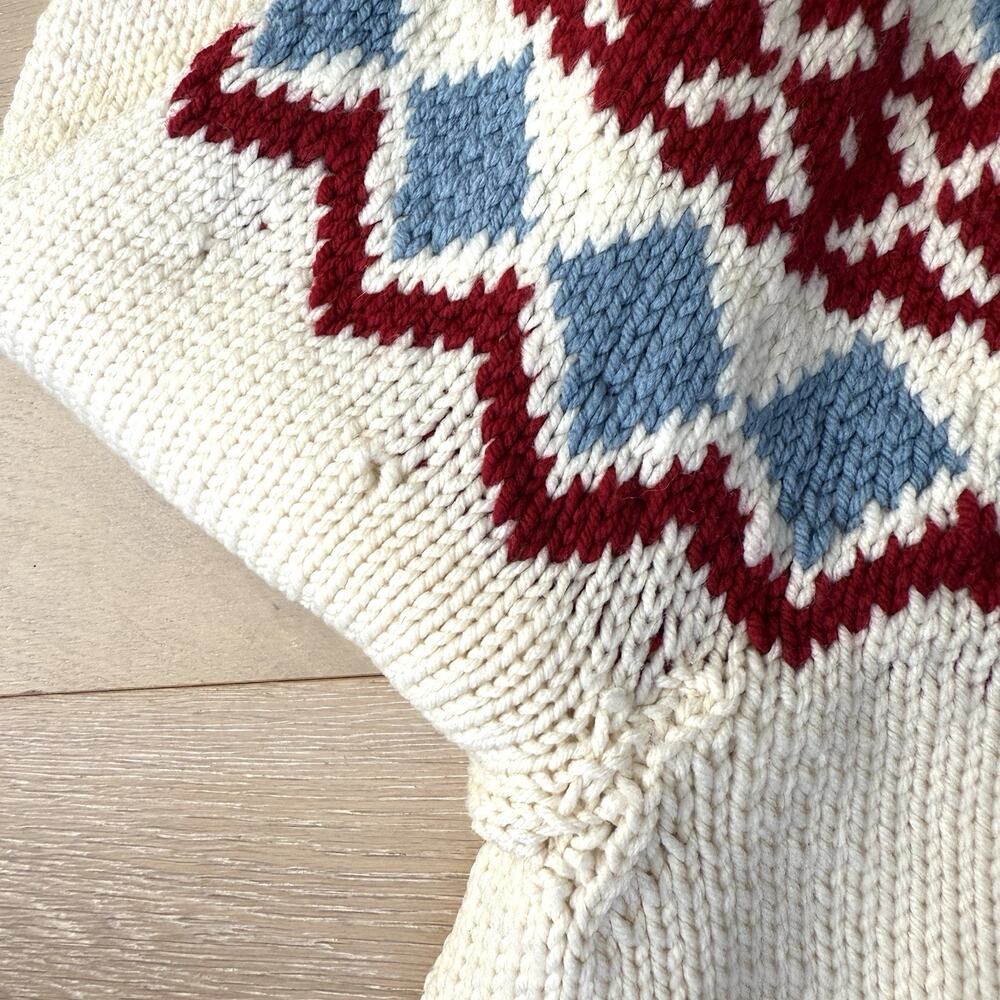 Vintage Icelandic Fair Isle Sweater Handmade White Blue Red Yolk L Non Wool - Picture 9 of 10